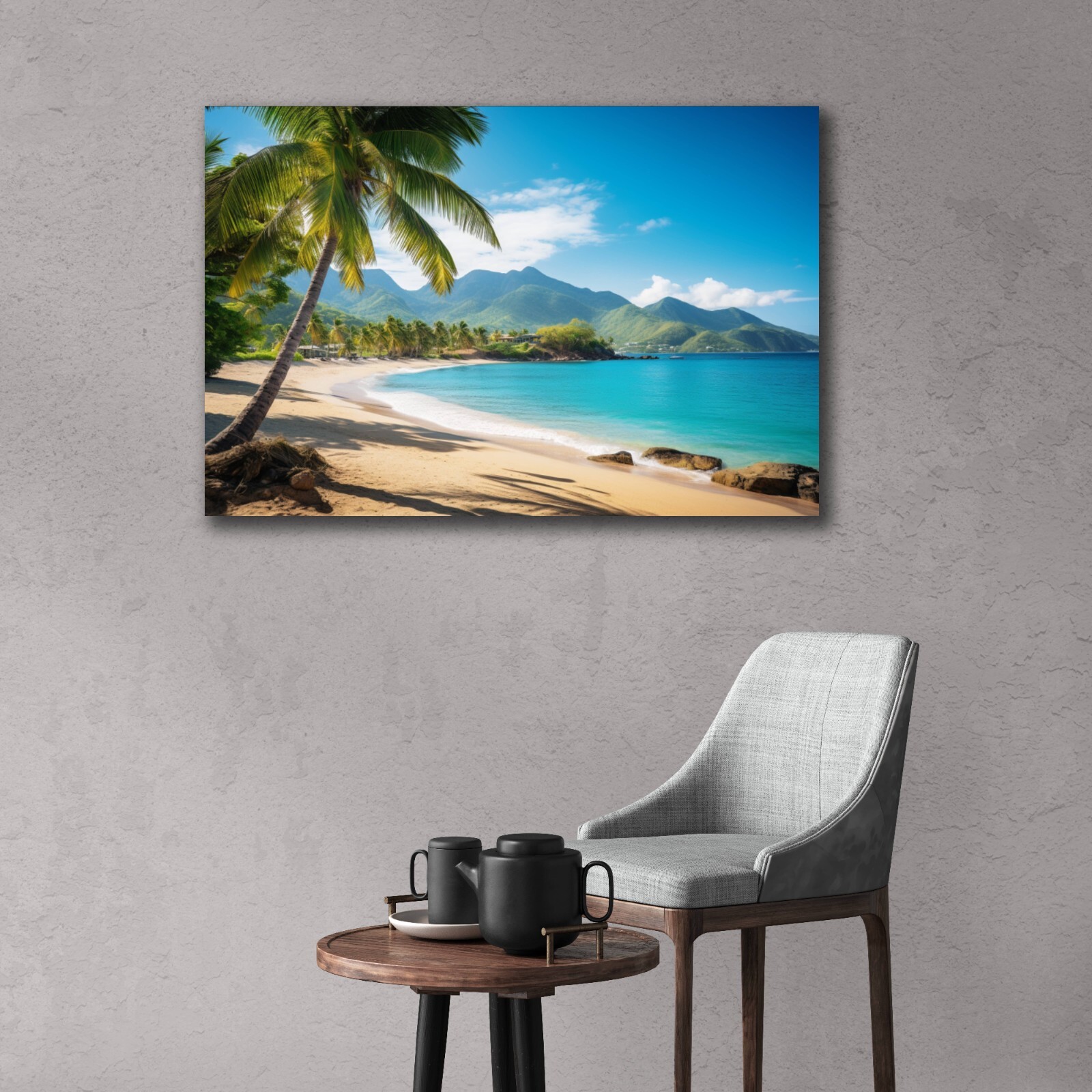 Tropical Beach Painting, Beach Paradise Art Palm Trees Mountain Landscape Island