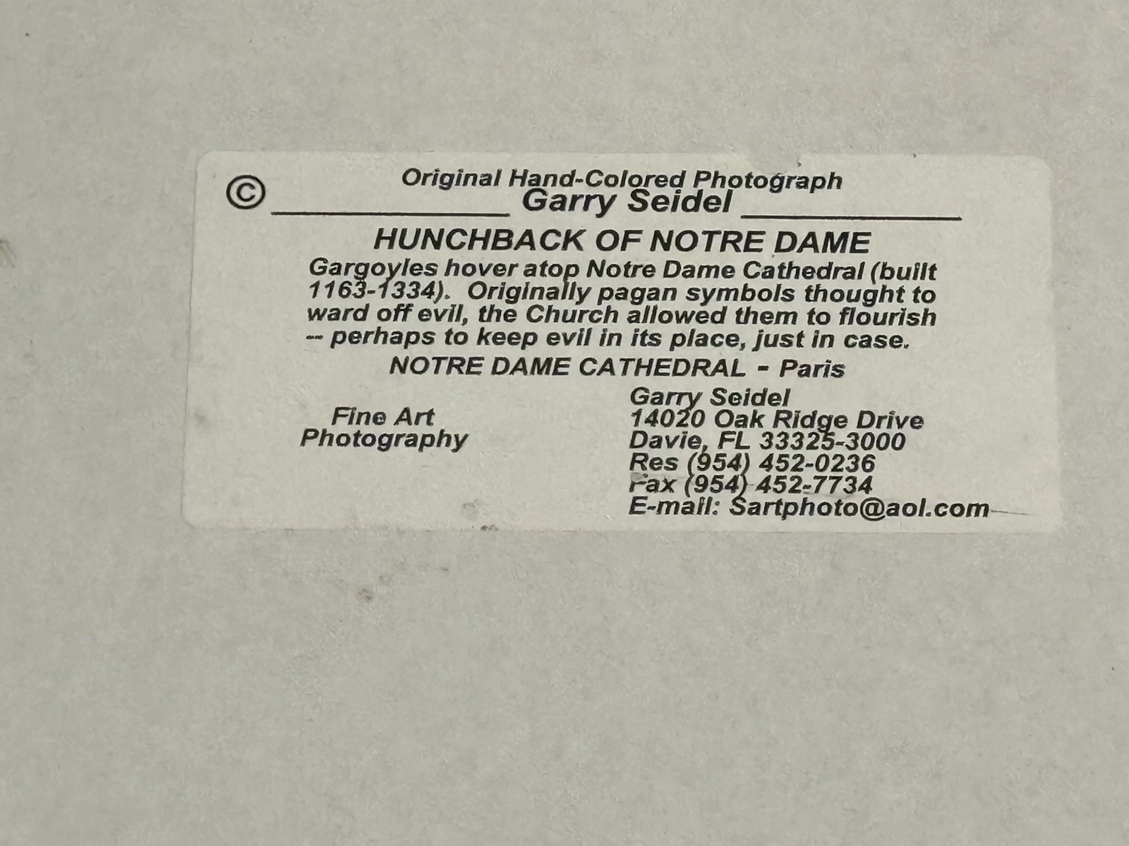 Signed Limited Edition Notre Dame Gargoyle Paris Print Gary Seidel 78/195