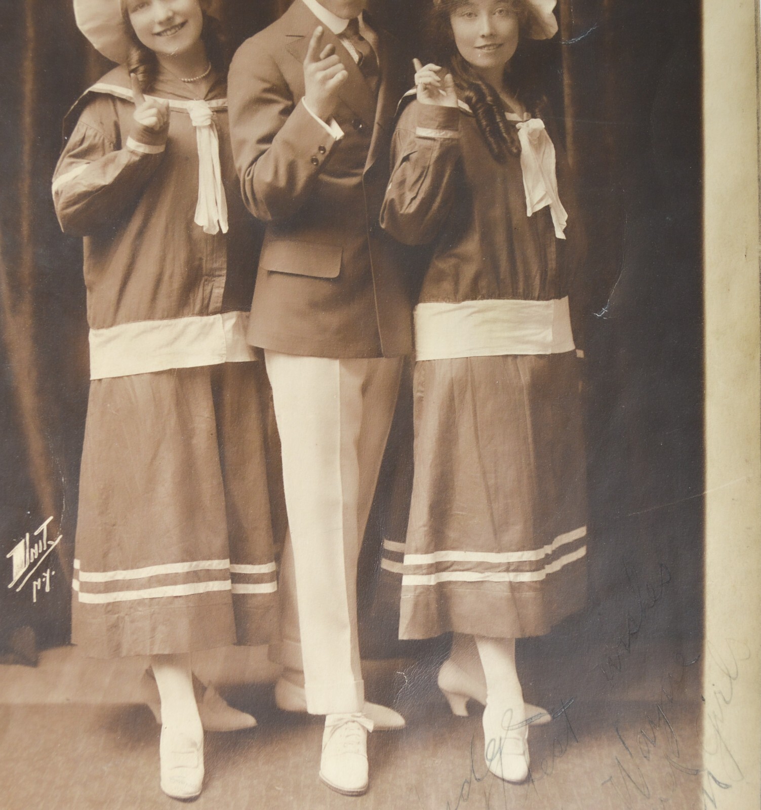 Antique 1918 Vaudville Large Signed Photo Two Girls and Young Male Sailor Outfit