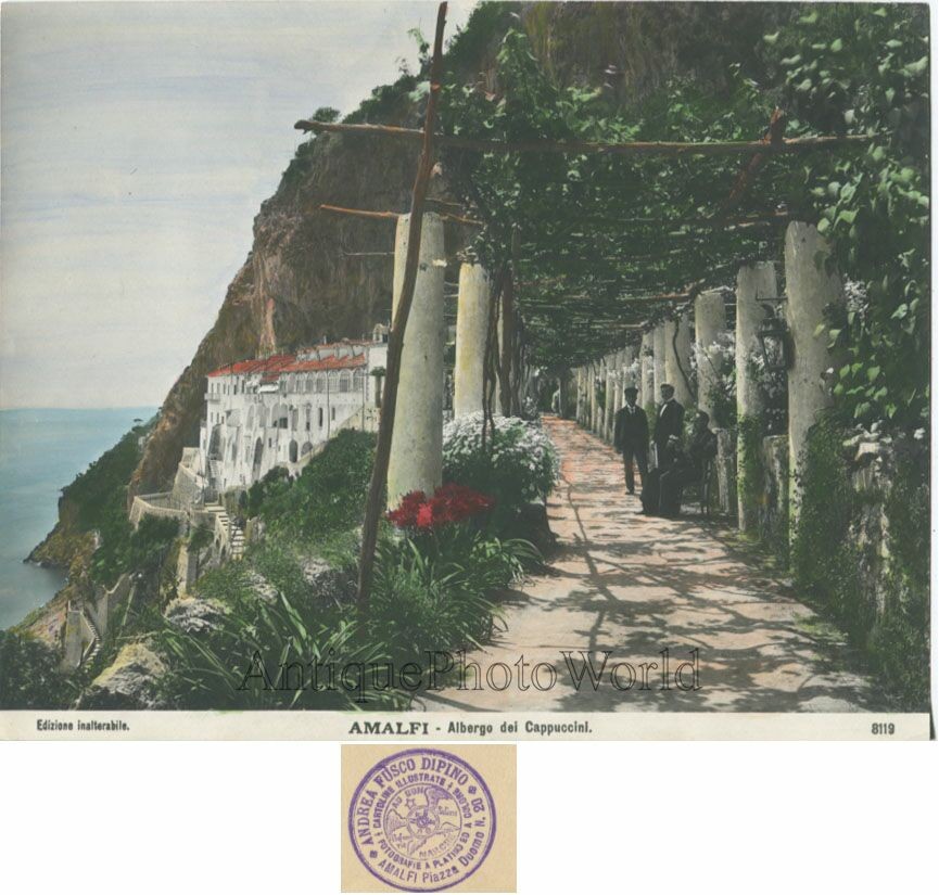 Amalfi Italy Albergo dei Capuccini antique hand tinted photo by A. Fusco Dipino