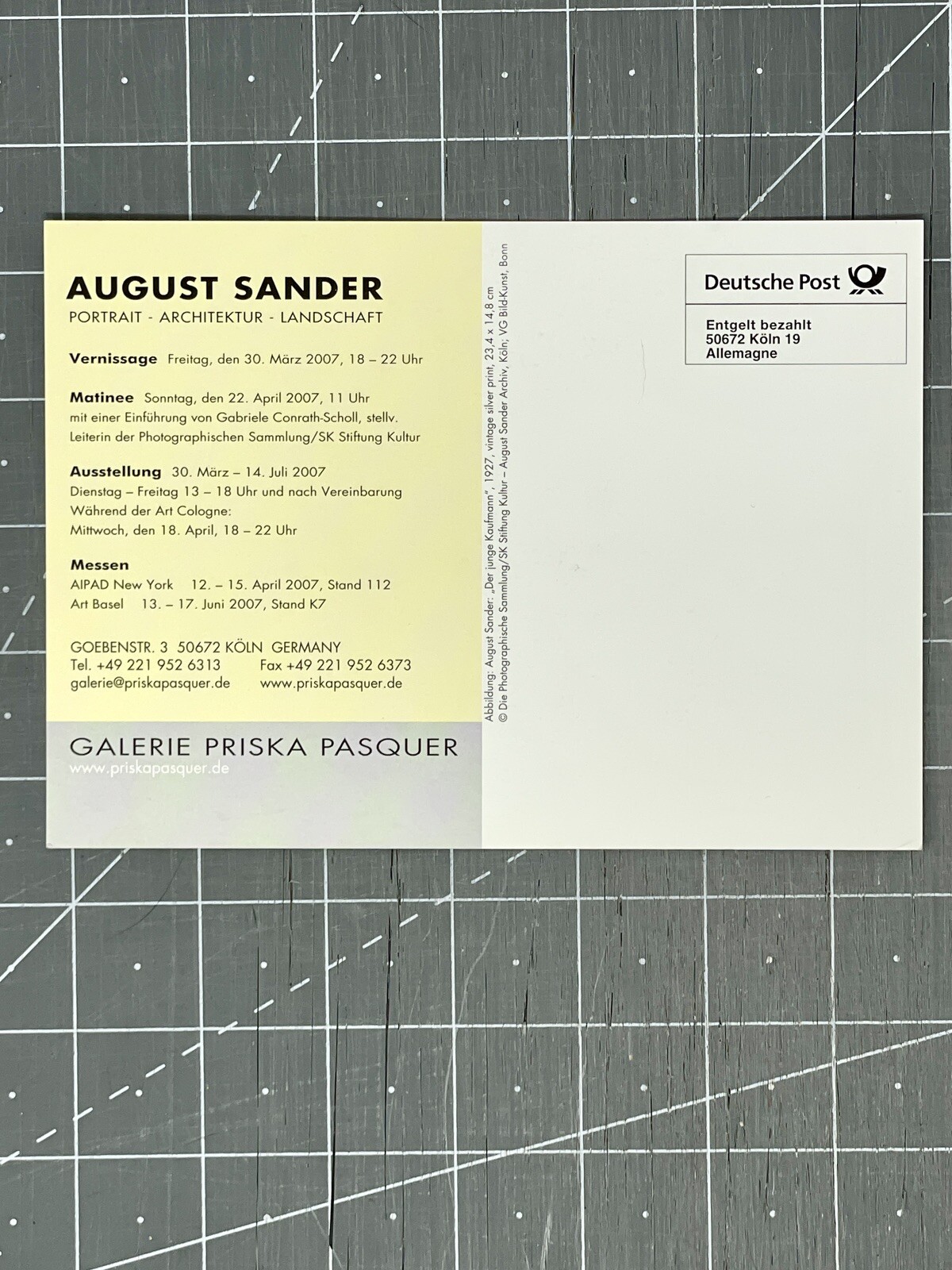 August Sander (1876-1964) Art Show Announcement Card 2007 Germany