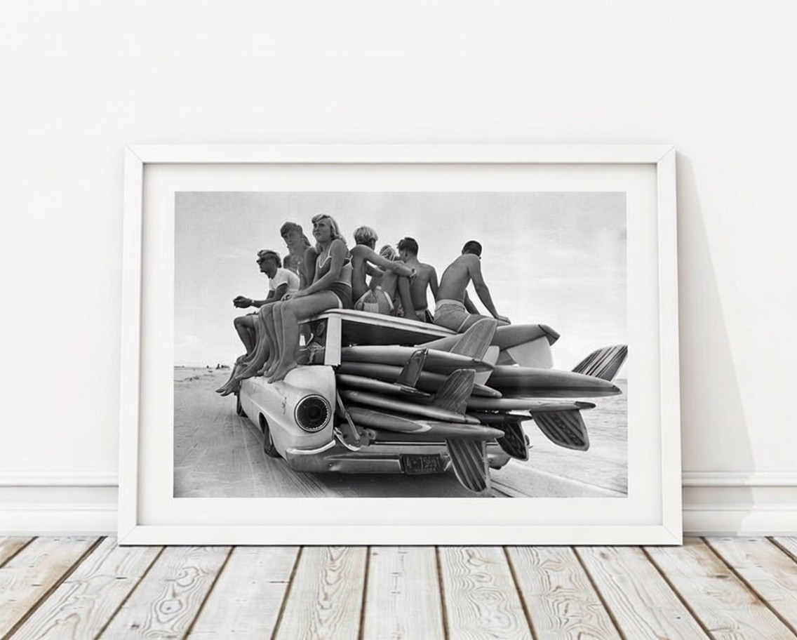 1960s Vintage Black & White Surf Photography Print – Surfers Classic Car Beach