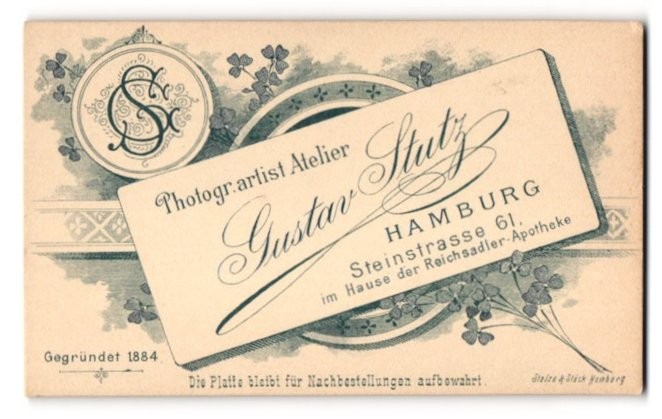 Photograph Gustav Stutz, Hamburg, Steinstr. 61, Photographer’s Monogram and An