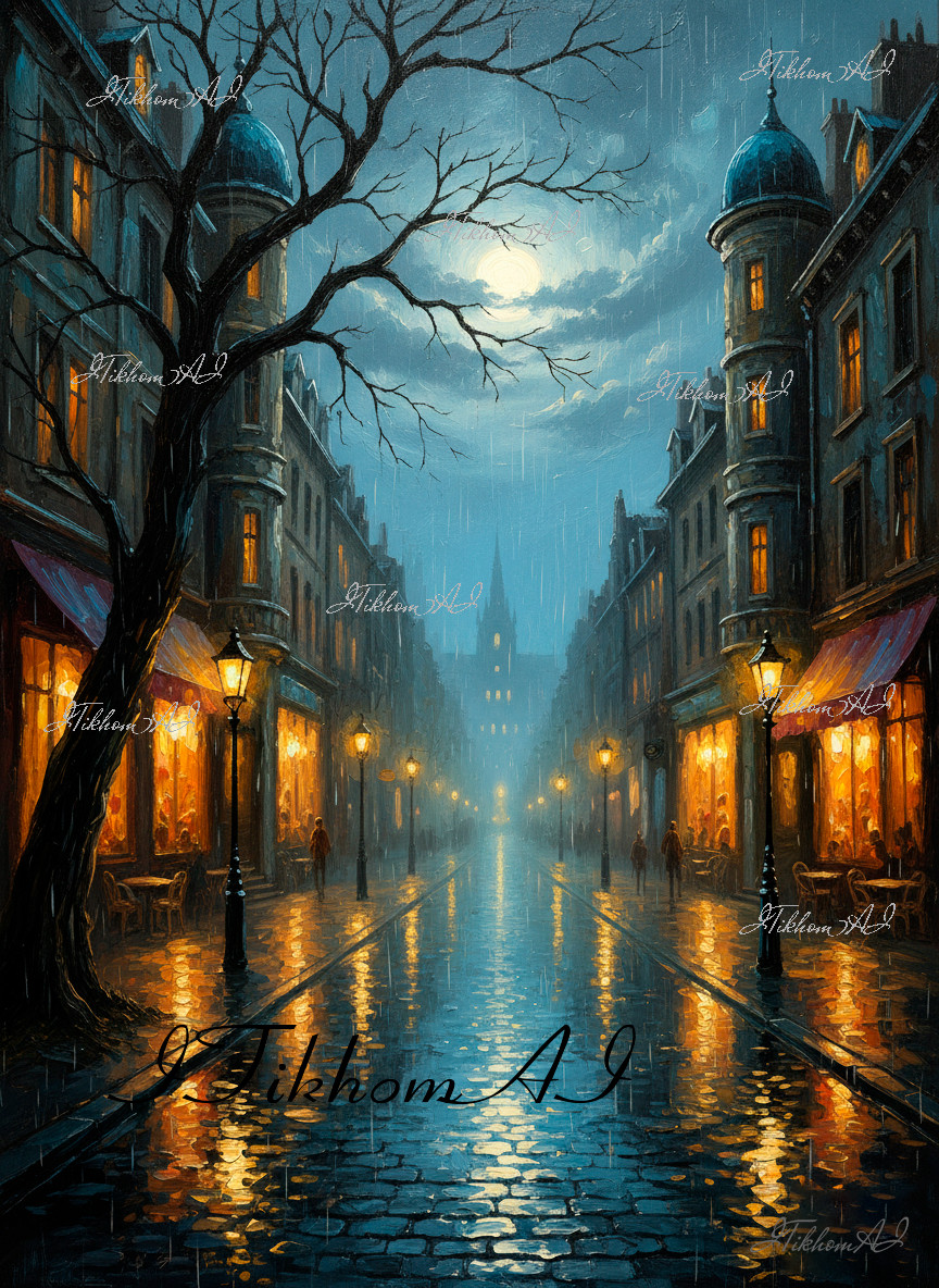 Digital Art Image Cityscape Houses Street Tree Rain Night Background Wallpaper