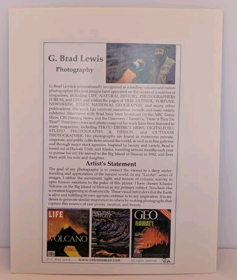 G Brad Lewis Signed Lava Photo “Image 8” Kilauea Volcano 5×7 in 8×10 Mat