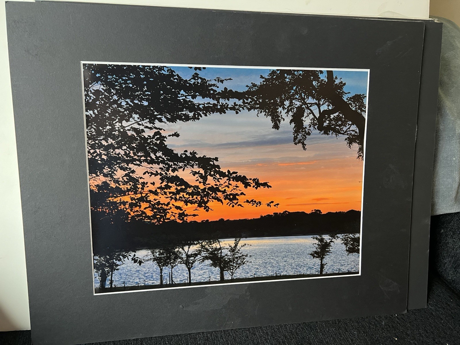 Sunset Over Lake Landscape Color Photograph Print, Matted (Mounted)