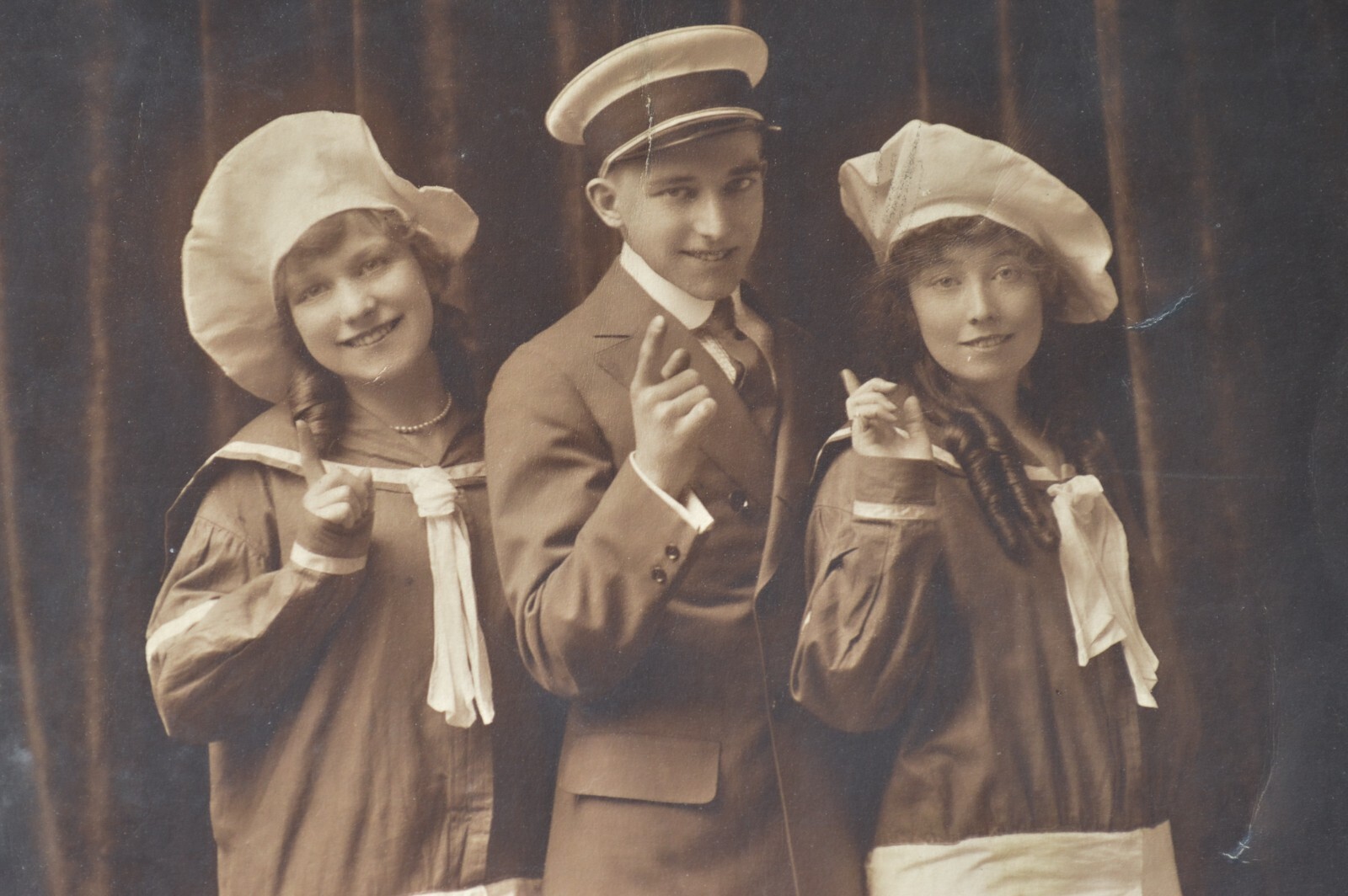 Antique 1918 Vaudville Large Signed Photo Two Girls and Young Male Sailor Outfit