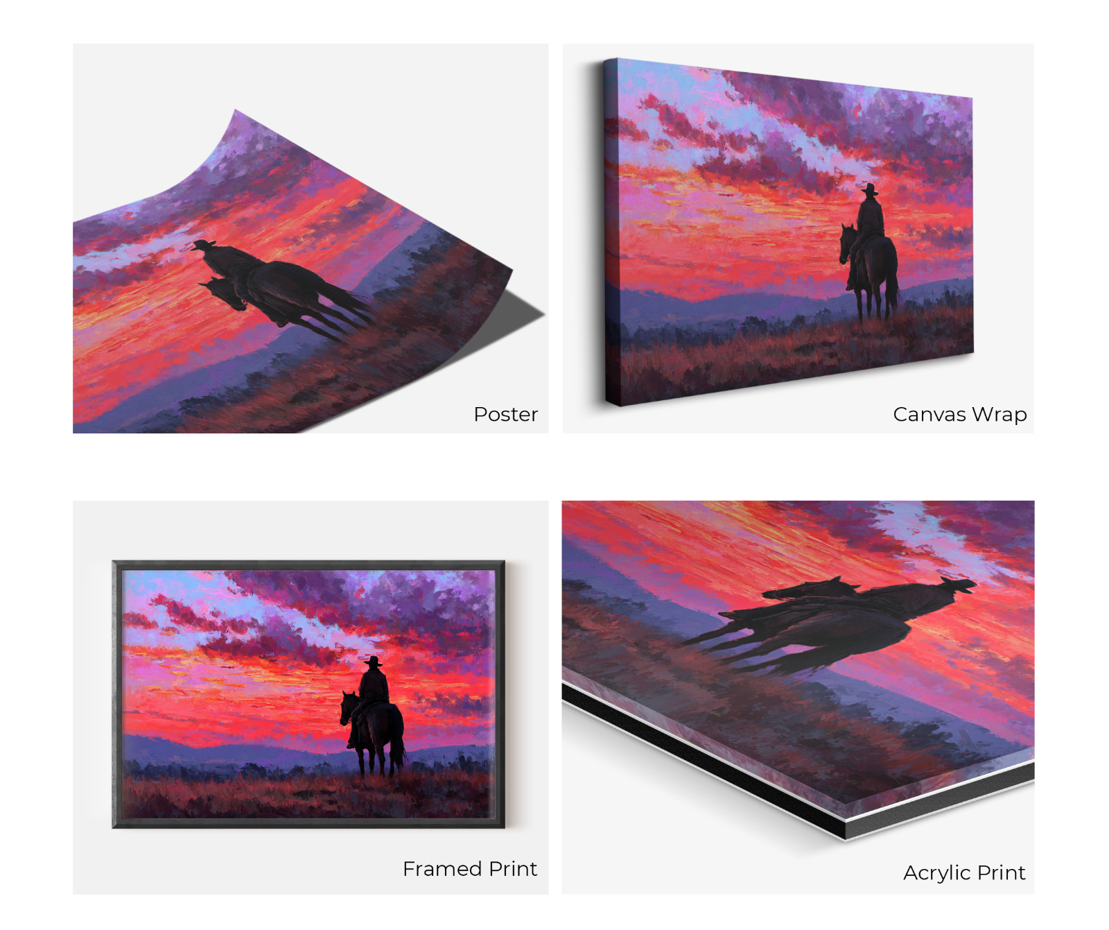 Cowboy on Horseback Sunset Art, Western Ranch Painting, Rustic Country Canvas