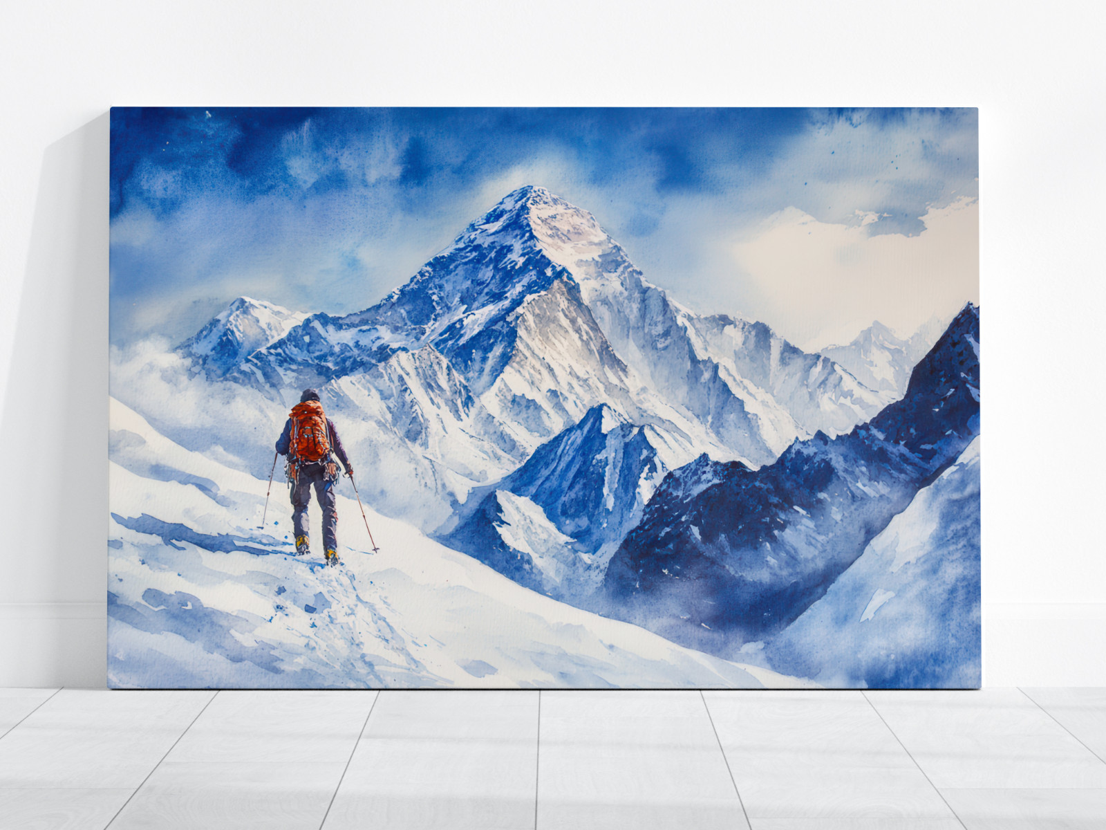 Mount Everest Climber Watercolor Painting, Snowy Summit Adventure Wall Art Print