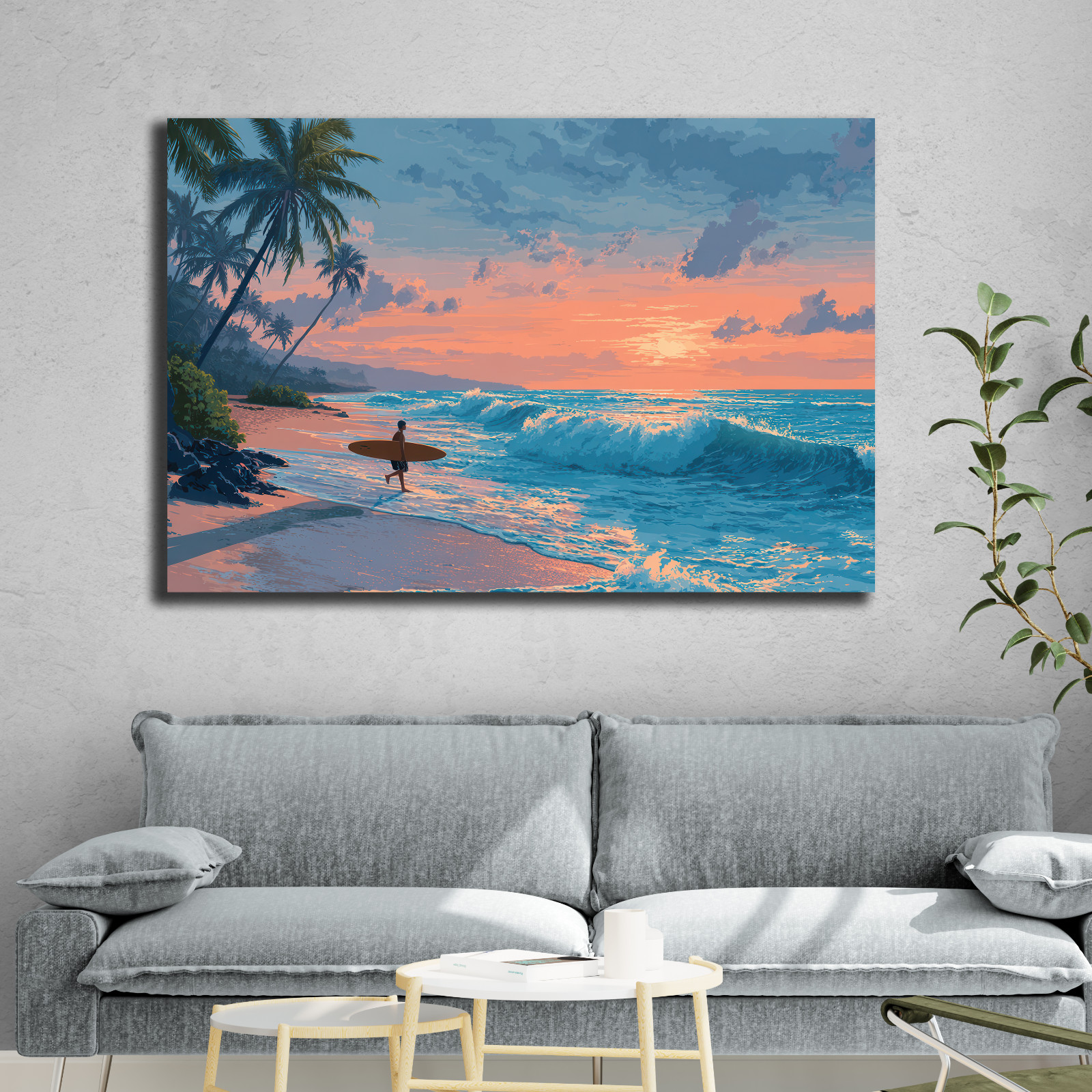 Tropical Surfer Beach Sunset Painting, Ocean Waves Canvas Print Coastal Seascape