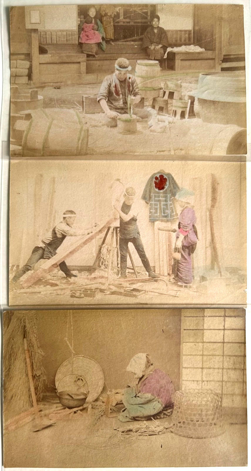 Antique Japanese Hand Colored Album Photo 3x Daily Life Scenes Meiji Era c1880