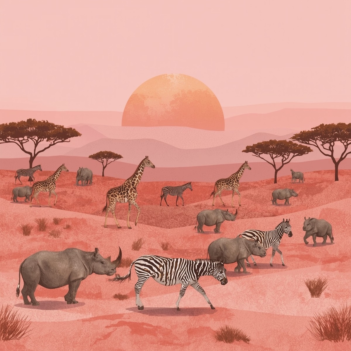 Digital Safari Landscape Art – African Wildlife at Sunset