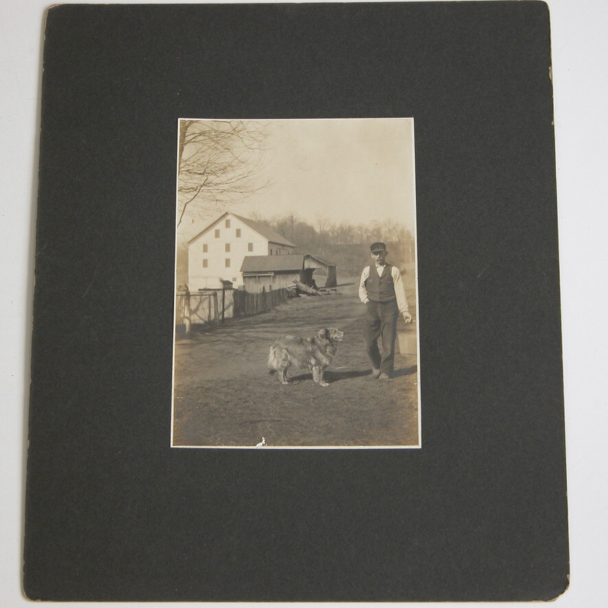 Vtg 1920s 30s B&W Sepia Photograph Farmer w/ Dog American Frontier
