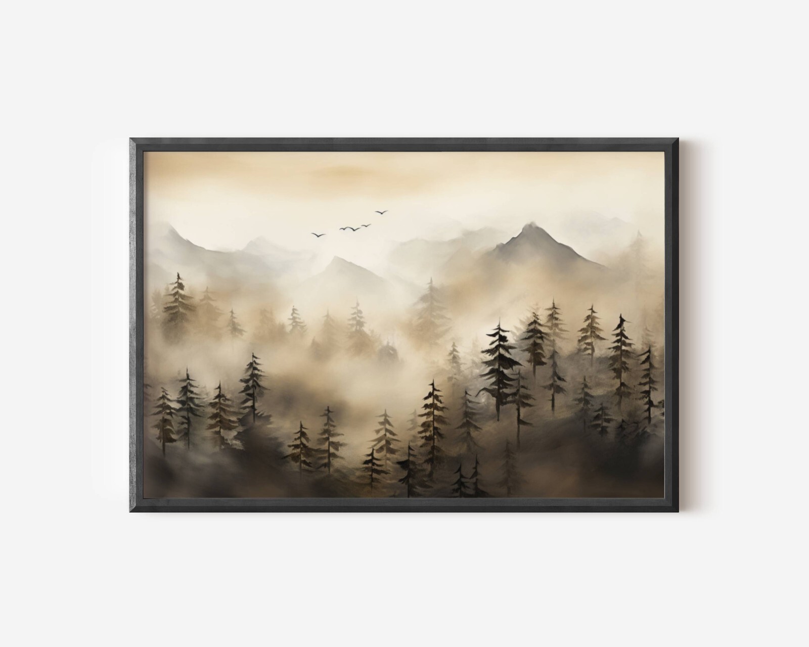 Mountains and Trees Nature Watercolor Painting, Foggy Misty Mountain Range Art