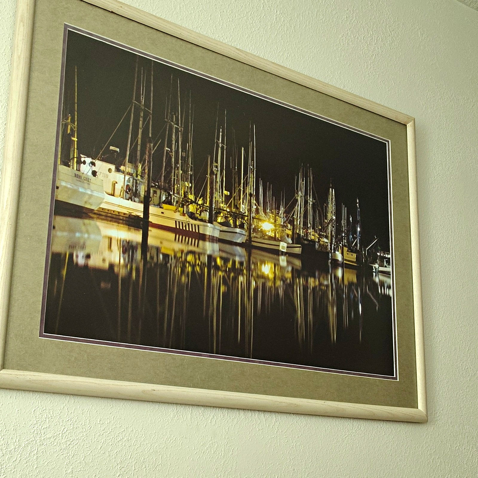 Matted & Framed Color Landscape Photograph – Nautical Harbor Marina Boats Night