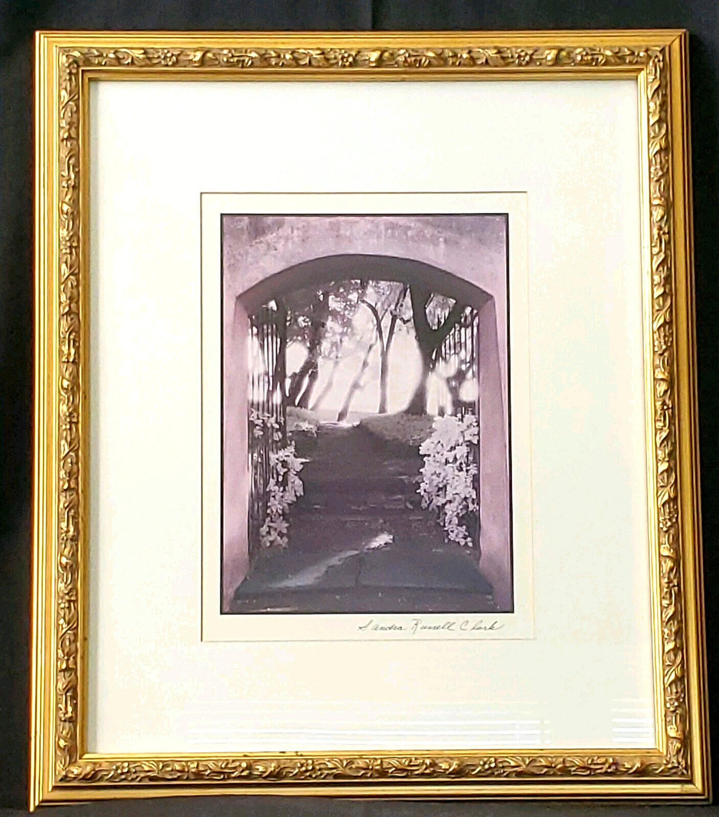 SANDRA RUSSELL CLARK (?) FRAMED/MATTED MONOCHROMATIC (PURPLE-TONES) GARDEN PHOTO