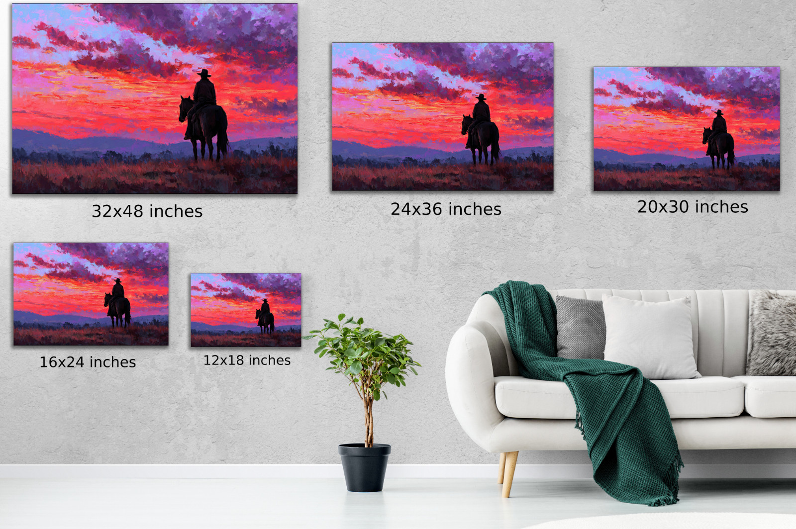 Cowboy on Horseback Sunset Art, Western Ranch Painting, Rustic Country Canvas