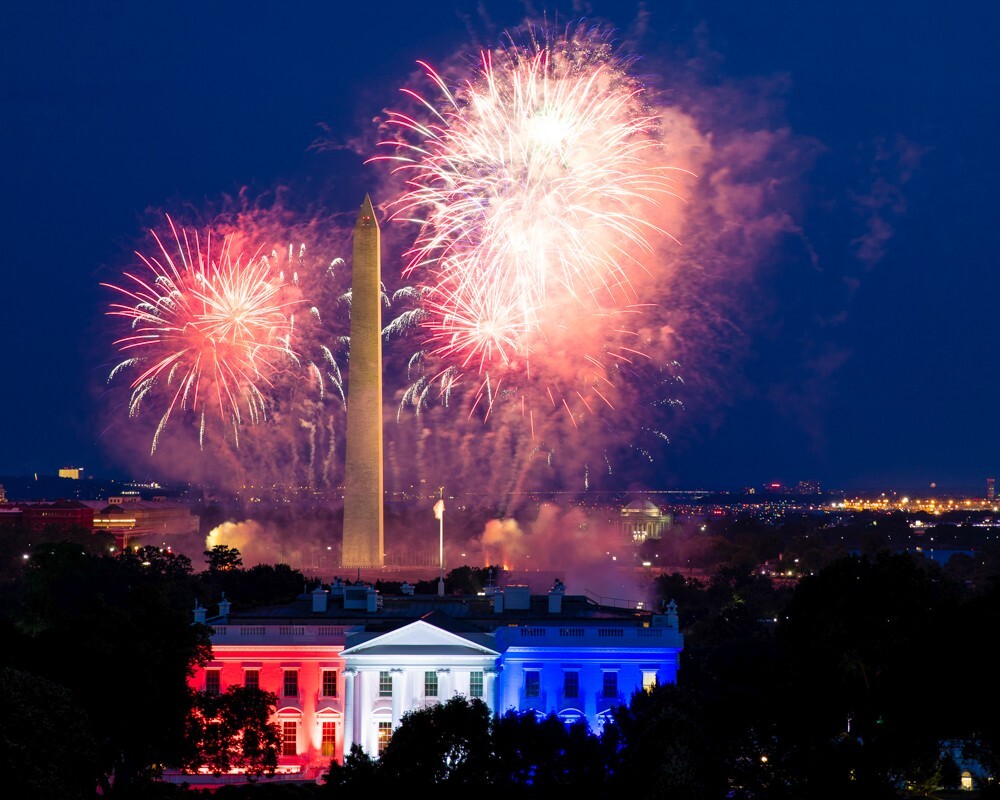 8×10 color photo of Fireworks behind the Washington & Jefferson Memorials