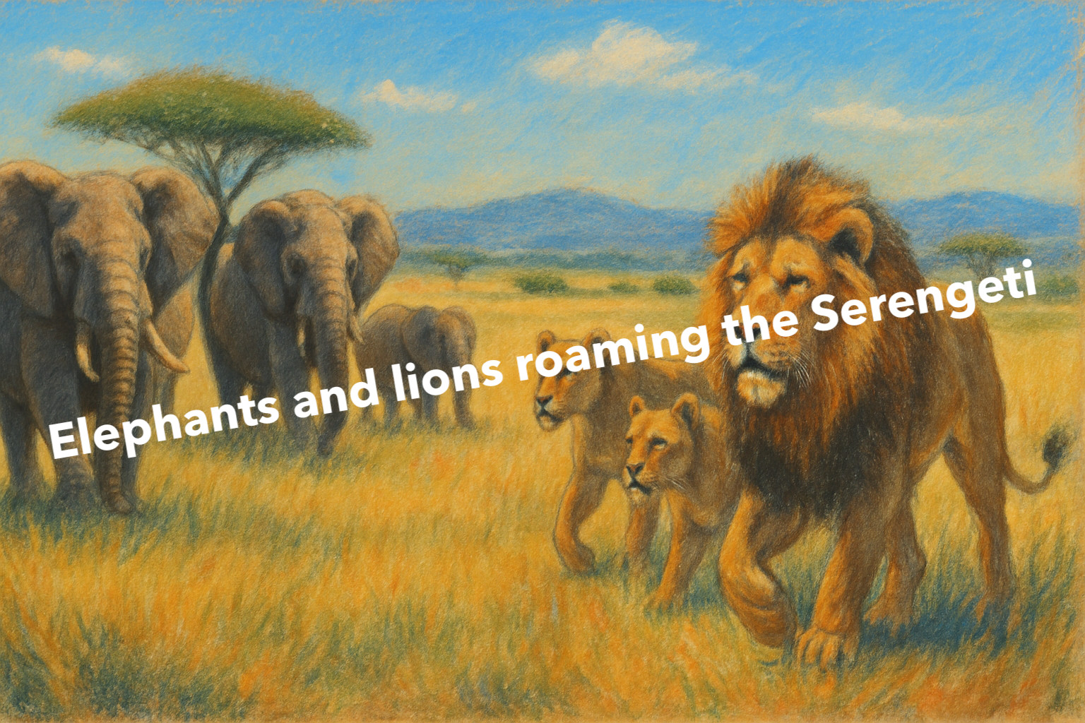 Elephants & Lions Roaming the Serengeti Chalk Pastel Art (AI GENERATED IMAGE)