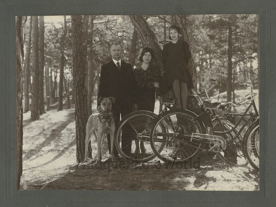 Family in woods with Great Dane dog and bicycles antique art photo