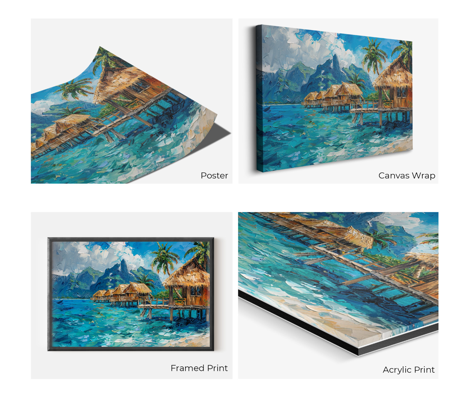 Beach Paradise Wall Art, Tropical Overwater Bungalows Painting, Coastal Seascape