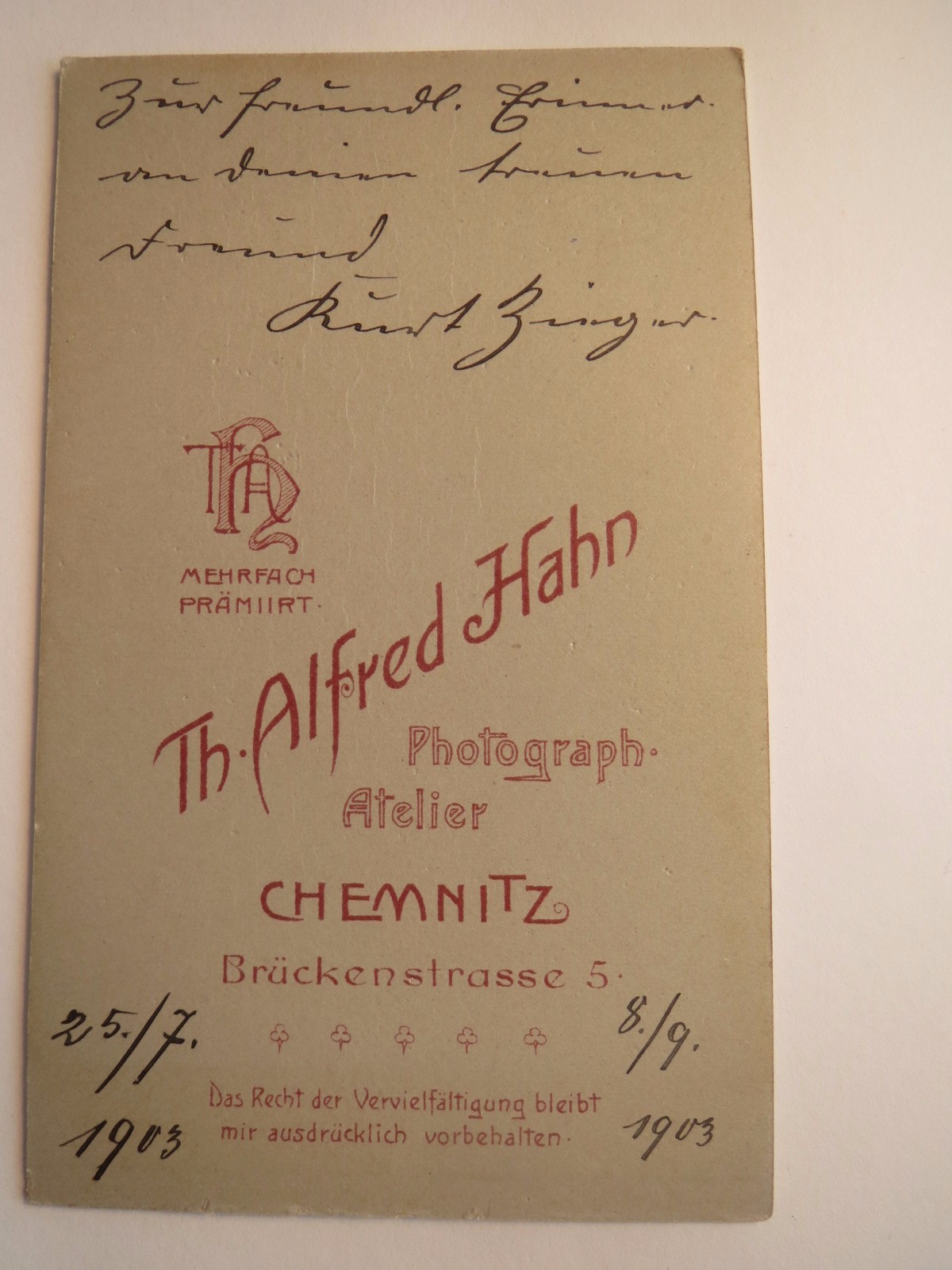 Chemnitz – 1903 – Kurt Zinger? as a young man in suit – coat – hat / CDV