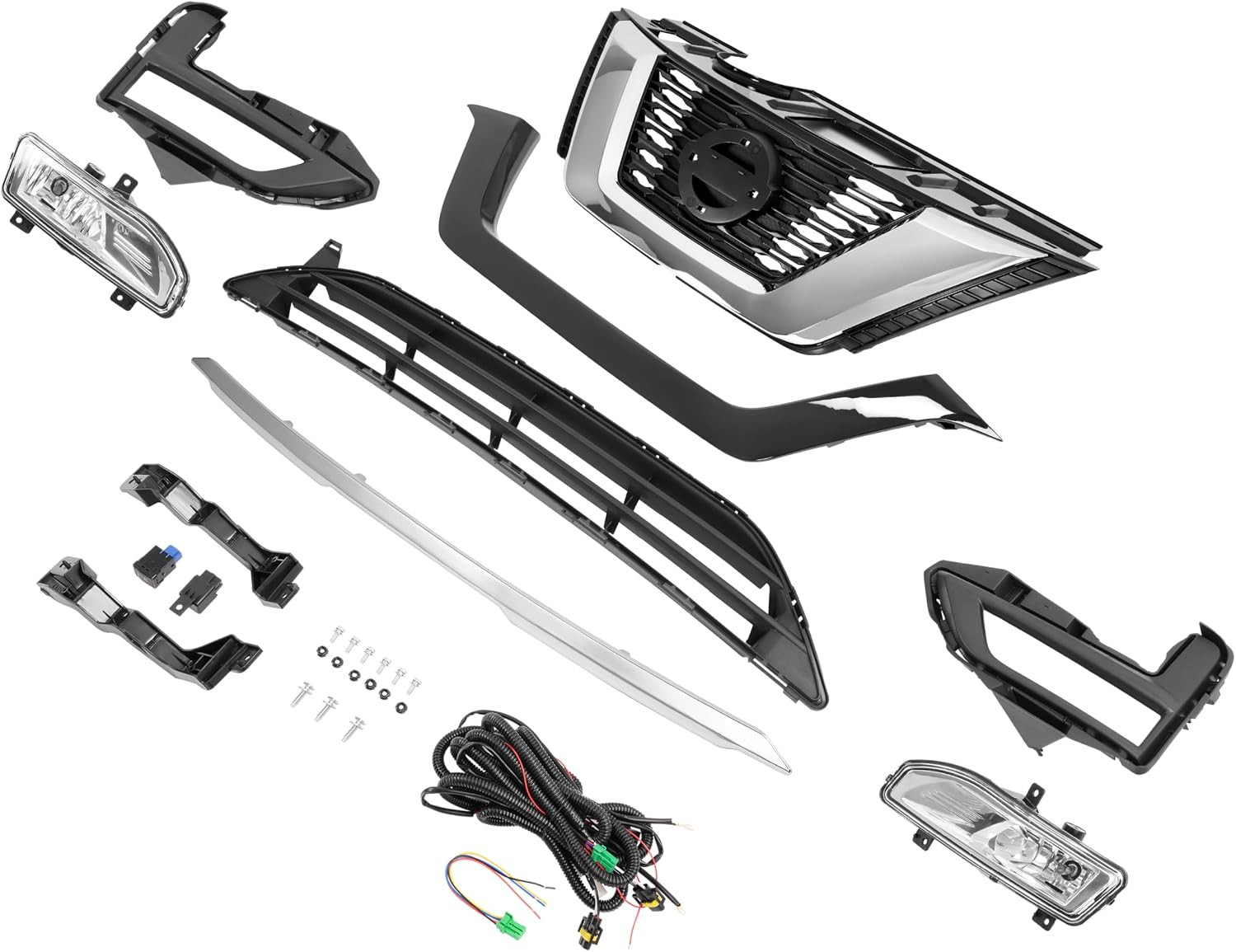 Front Upper + Lower Grille + Fog Light Kit Compatible with 2017-2020 Nissan Rogu