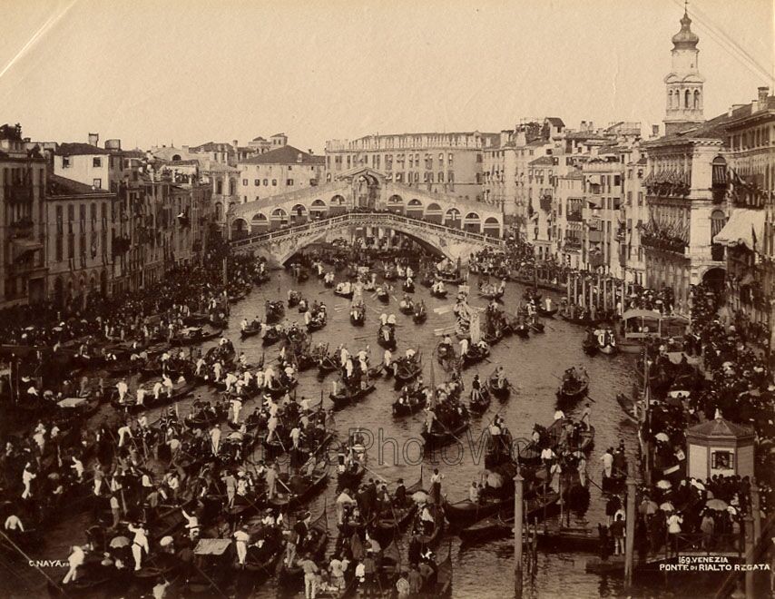 Rialto Bridge gondolas parade antique albumen photo by Naya Venice Italy