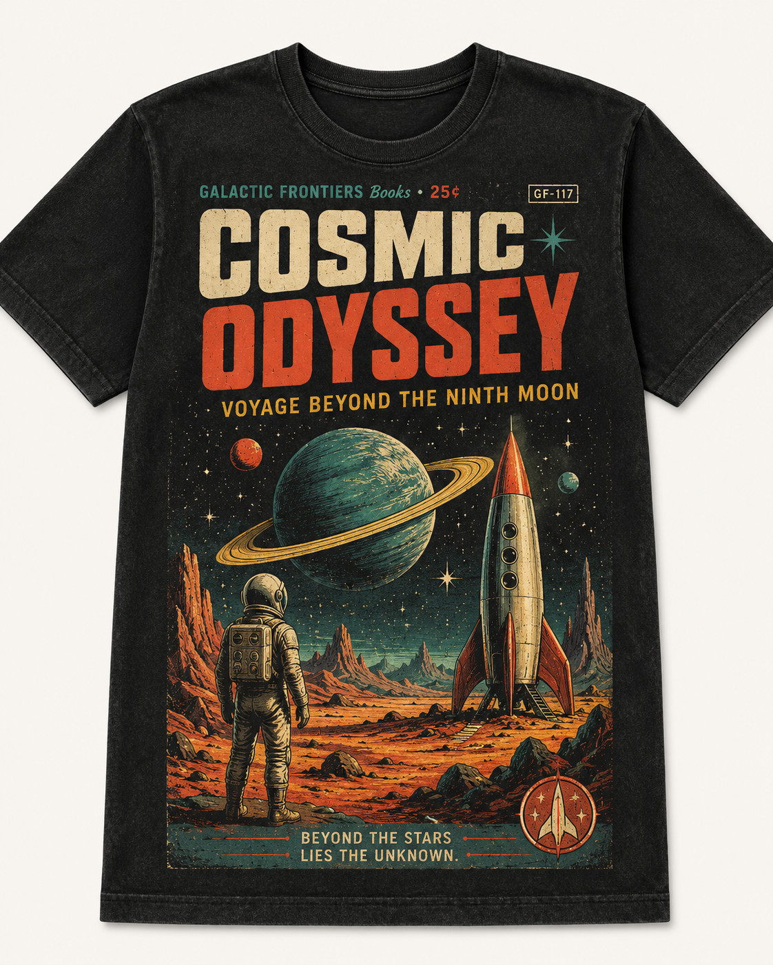 Digital Cosmic Odssey t-shirt png inspired by the aesthetics of retro sci-fi bo