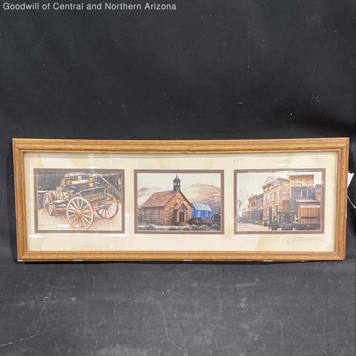 Framed Matted Three Panel Collage Western Frontier Photos Signed By Artist