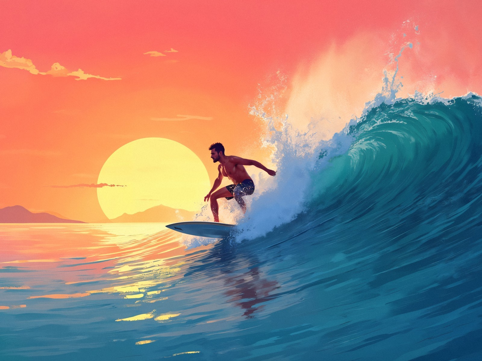 Amazing digital wallpaper of Surfing at Sunset