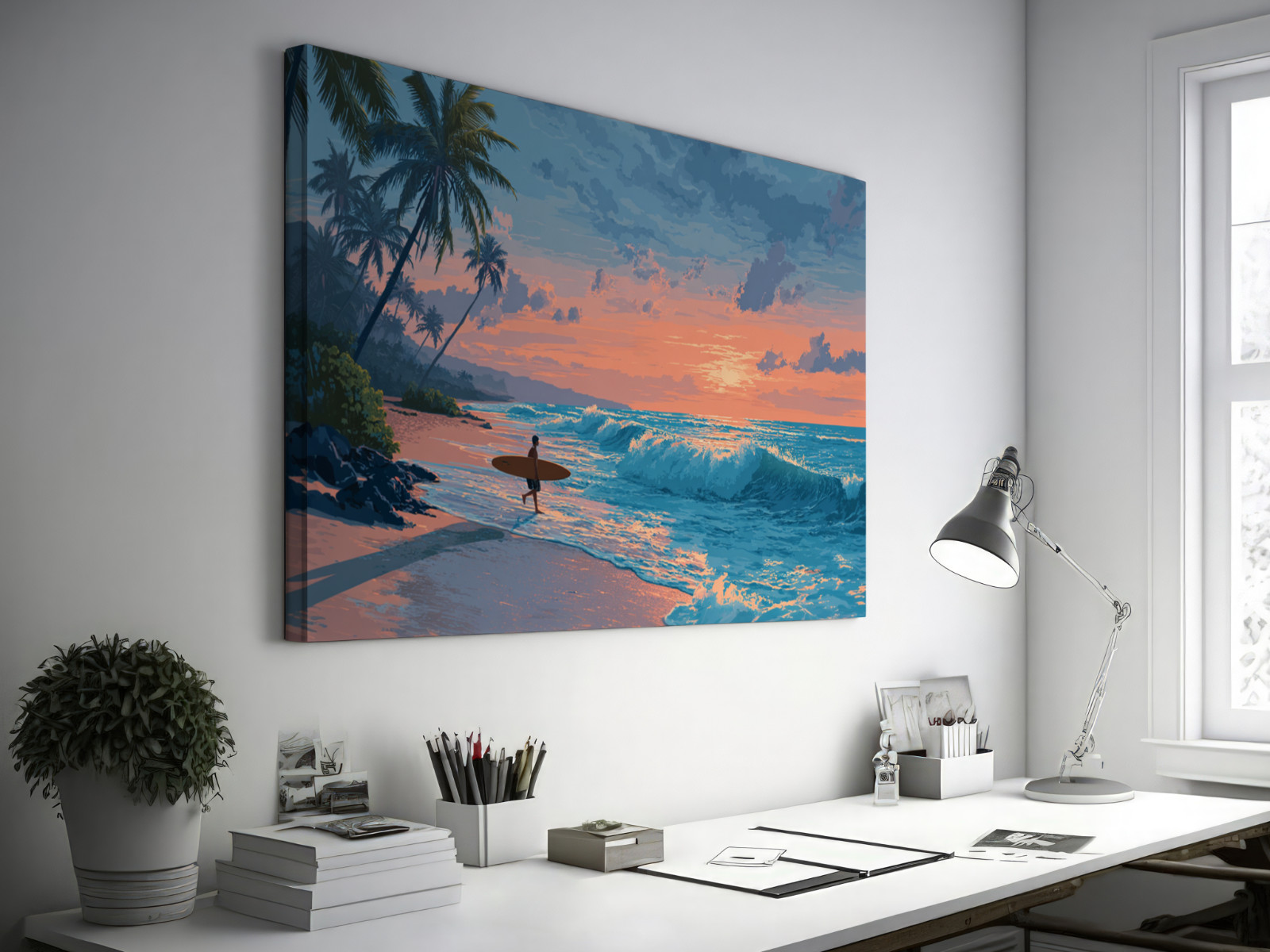 Tropical Surfer Beach Sunset Painting, Ocean Waves Canvas Print Coastal Seascape