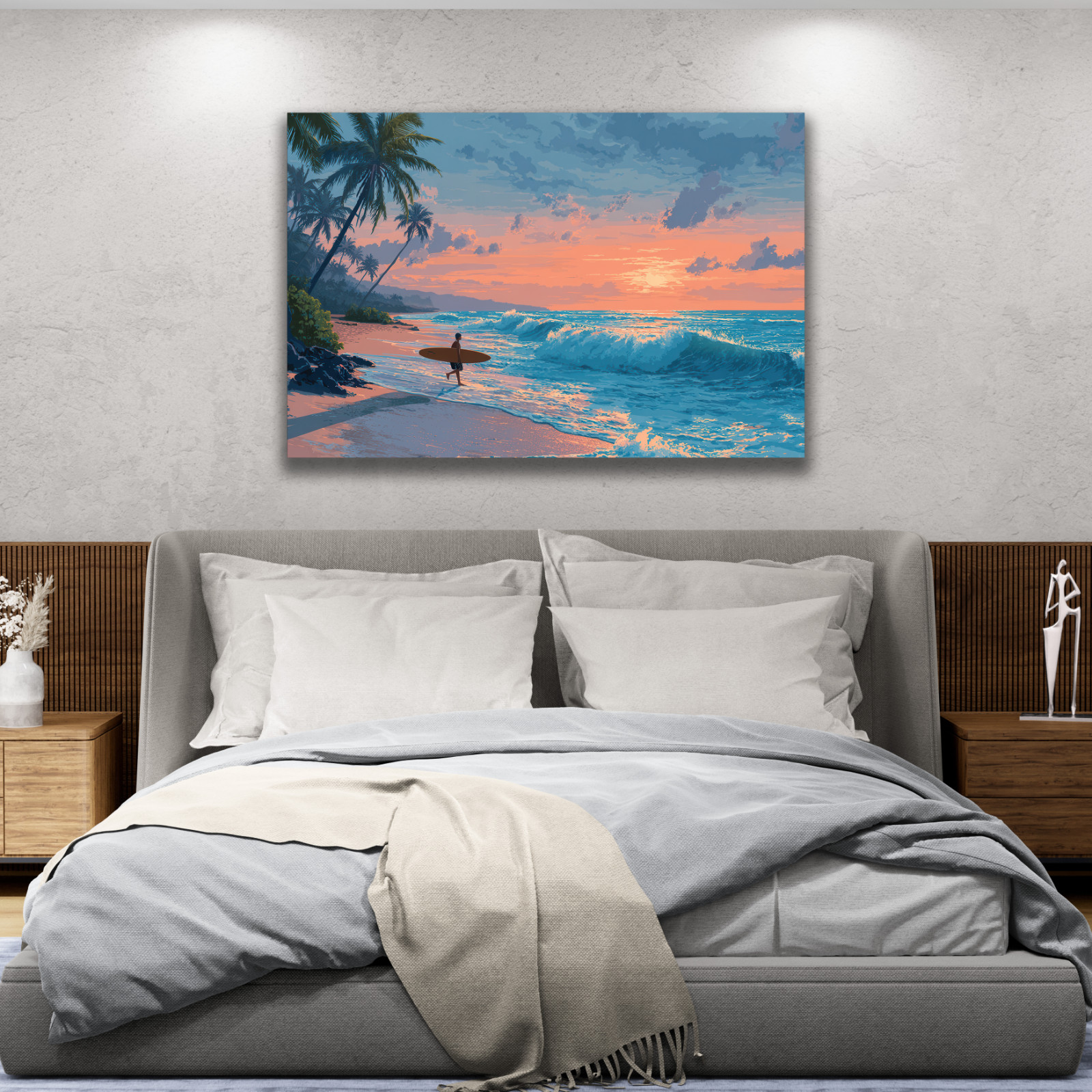 Tropical Surfer Beach Sunset Painting, Ocean Waves Canvas Print Coastal Seascape