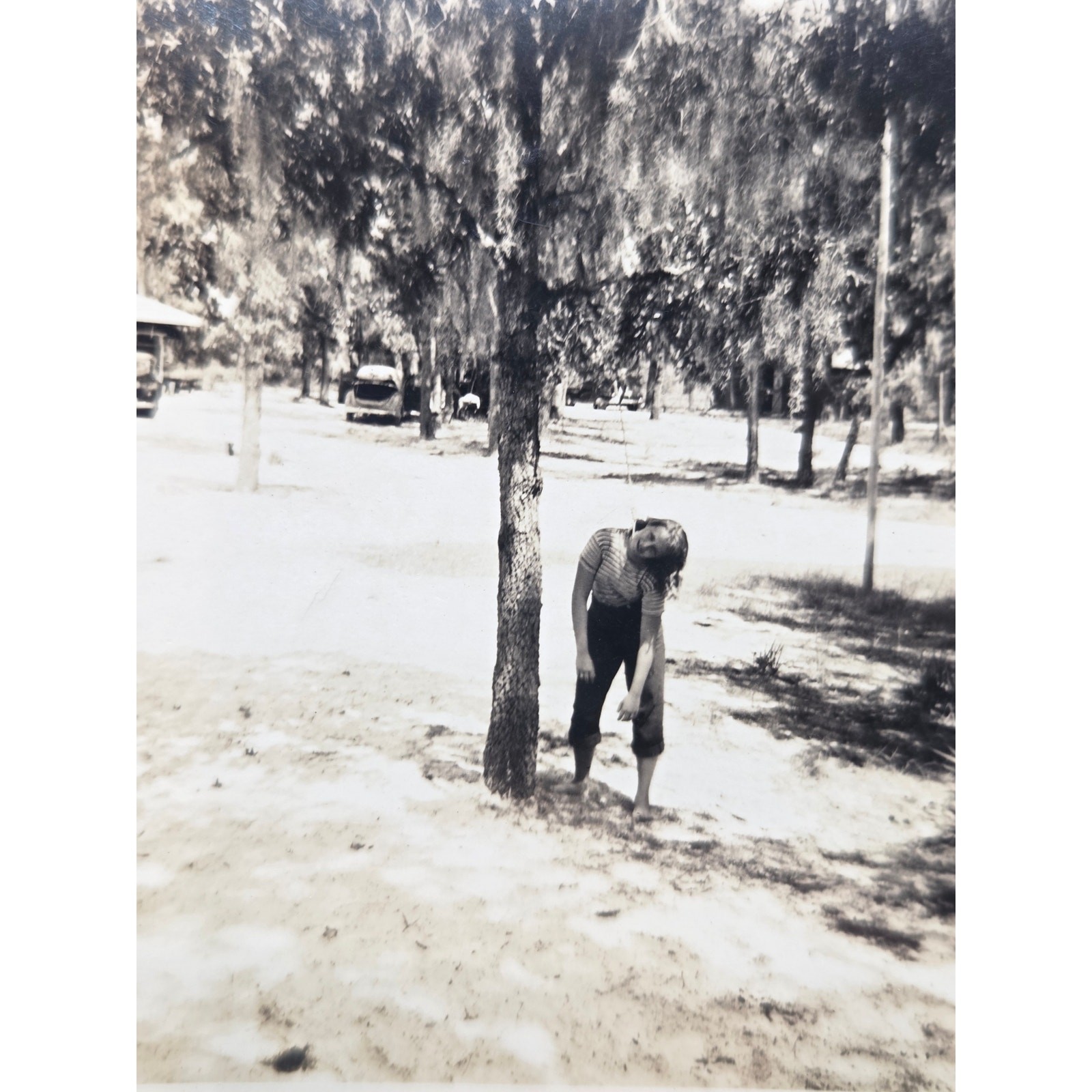 Vintage 1940s Snapshot Girl Pretending Hanging Dark Humor Silver Gelatin Photo