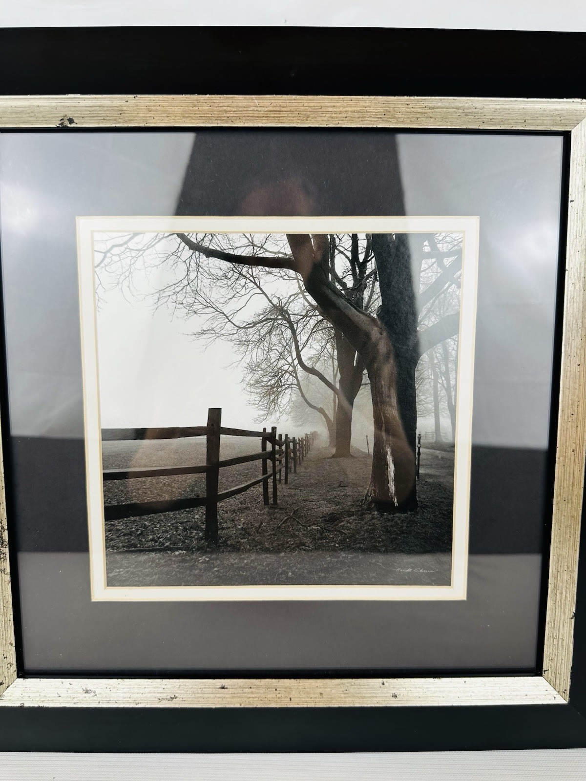 15” Harold Silverman “Corner Fence” Matted Black Framed Art Foggy Moody Serene