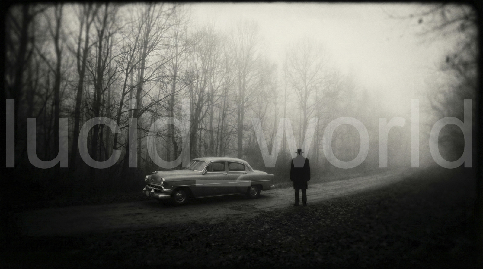 Vintage Car Foggy Forest Noir Mystery Man B&W Photo Digital Download Printable