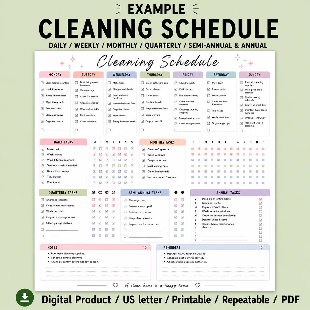 Digital | Editable Cleaning Schedule checklist, Home Cleaning Planner PDF