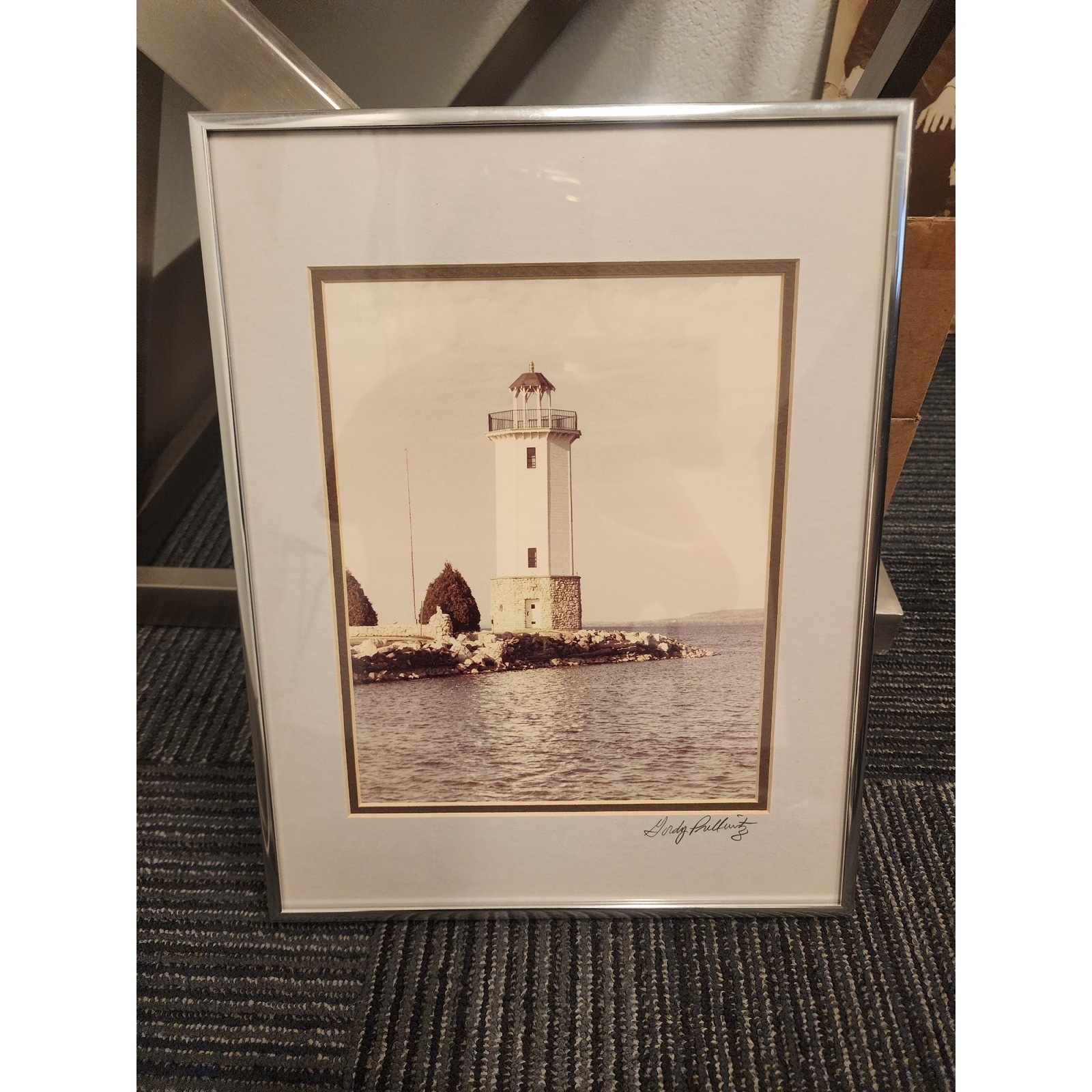Gordy Pullwitz Signed Lighthouse Photograph Framed Sepia Nautical Coastal Art