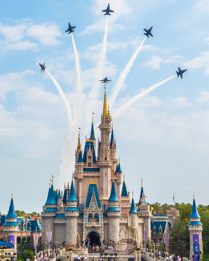 8×10 Color photo of the USN Blue Angels flyover Cinderella’s Castle.
