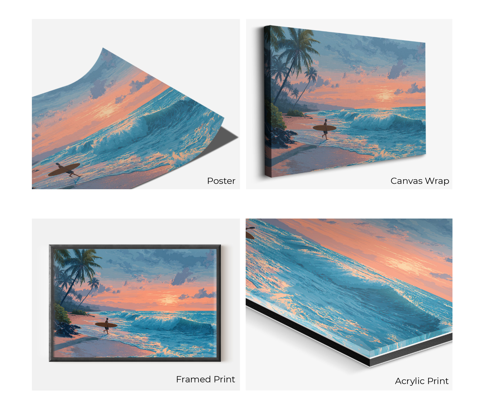 Tropical Surfer Beach Sunset Painting, Ocean Waves Canvas Print Coastal Seascape