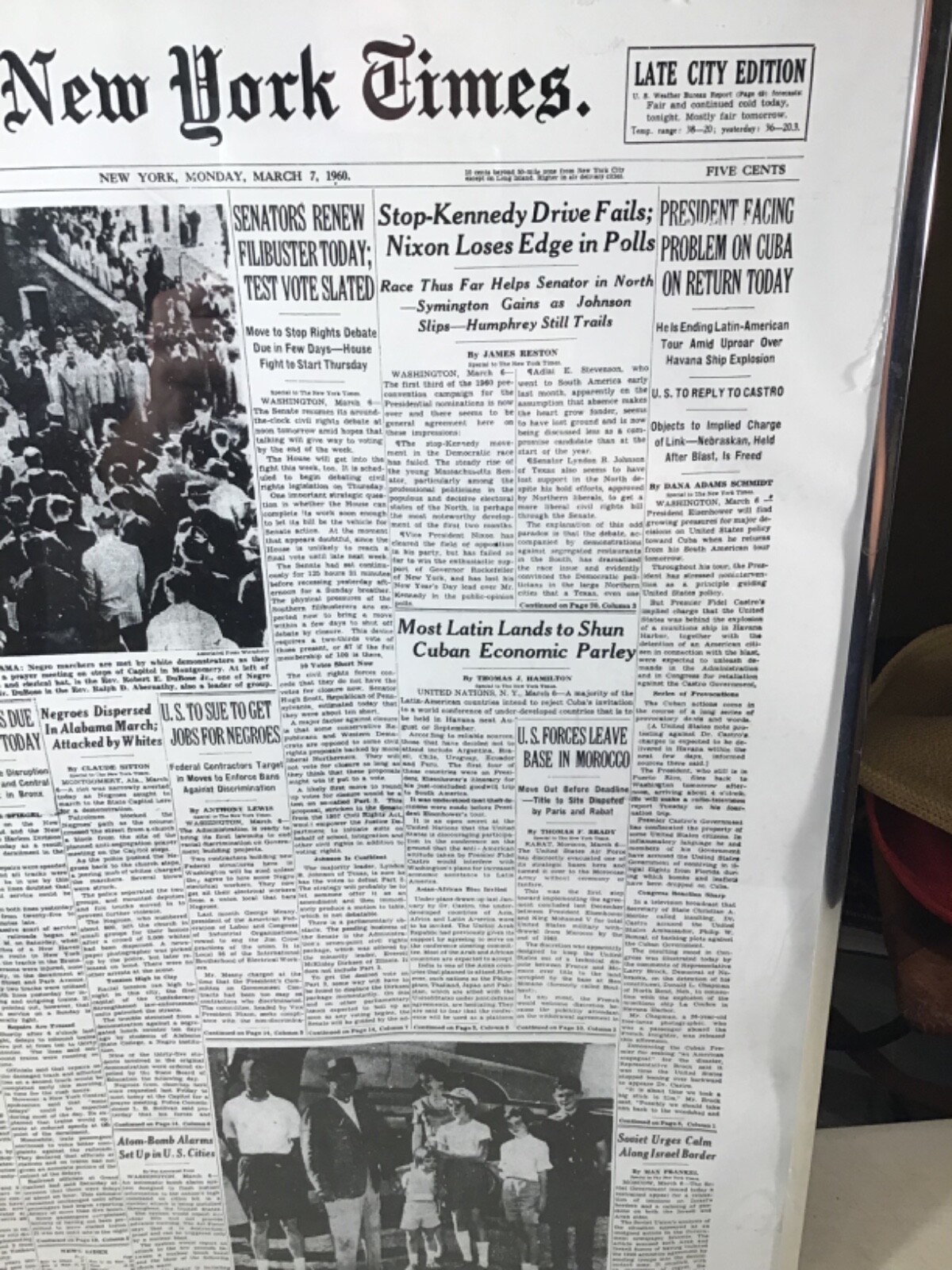 VTG REPRODUCTION OF THE NEW YORK TIMES FRONT PAGES March 7 1960 Framed 18”x 24”