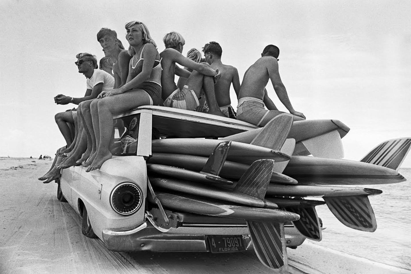 1960s Vintage Black & White Surf Photography Print – Surfers Classic Car Beach
