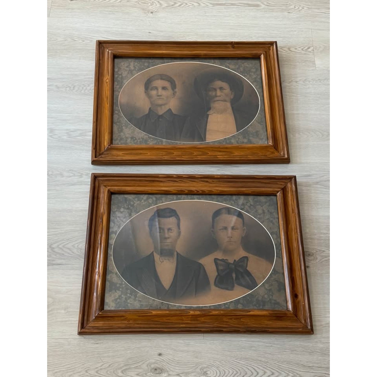 Large Pair of Antique Late 19th Century Wood Framed Family Portraits Wall Decor