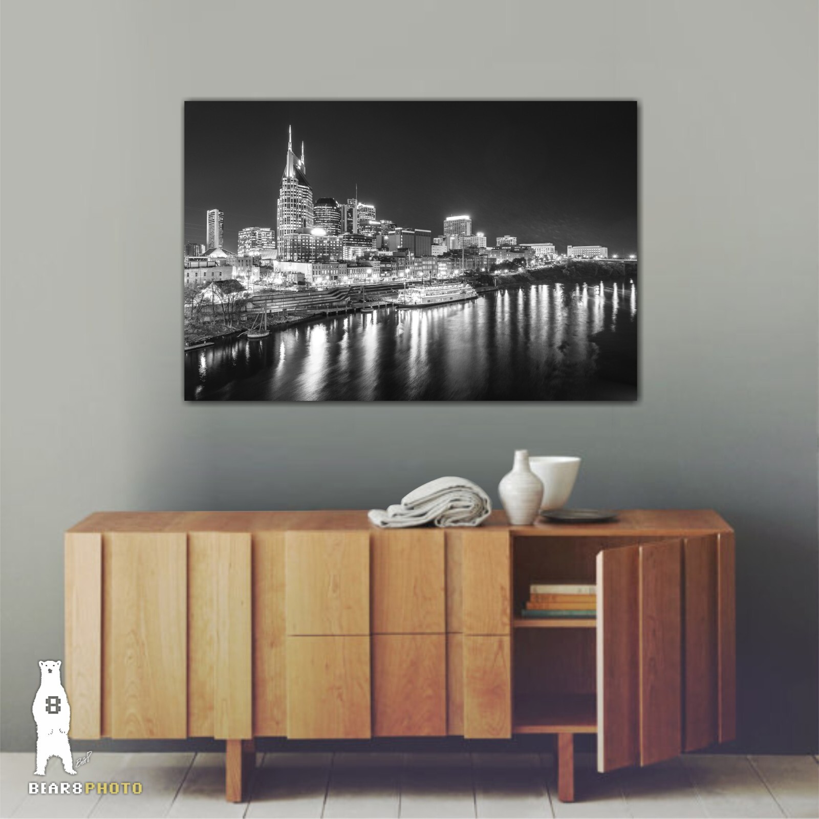 Downtown Nashville Skyline at Night – Black and White Photography Prints