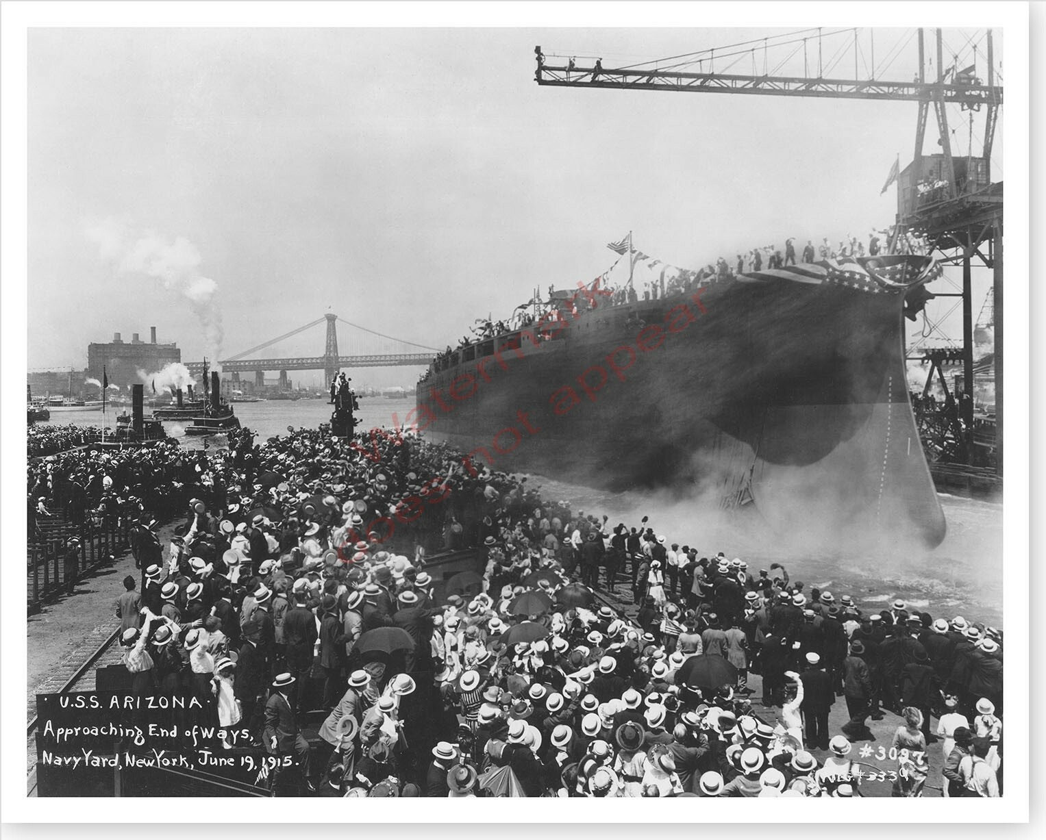US Navy 1915 USS Arizona BB-39 Approaching End of Ways At Launch New York Photo