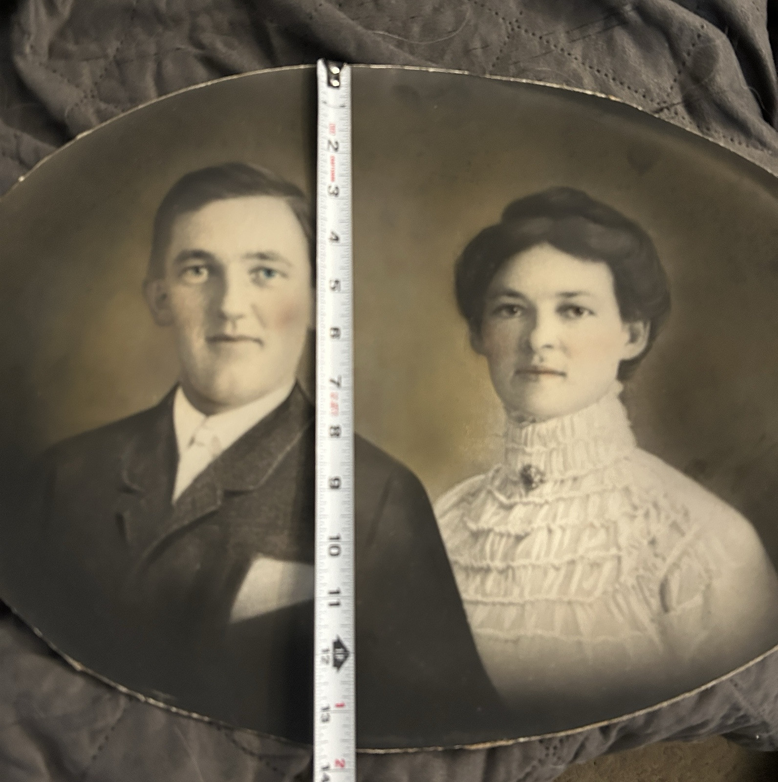2 Antique Large Oval Photos Of Baby & Parents (19×14) Bow In Photos
