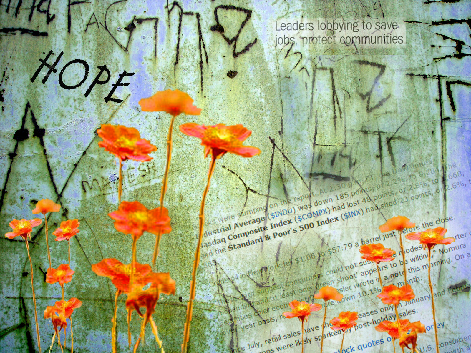 Graffiti Wall Digital Collage Photograph Newsprint Poppies Digital Enhancements