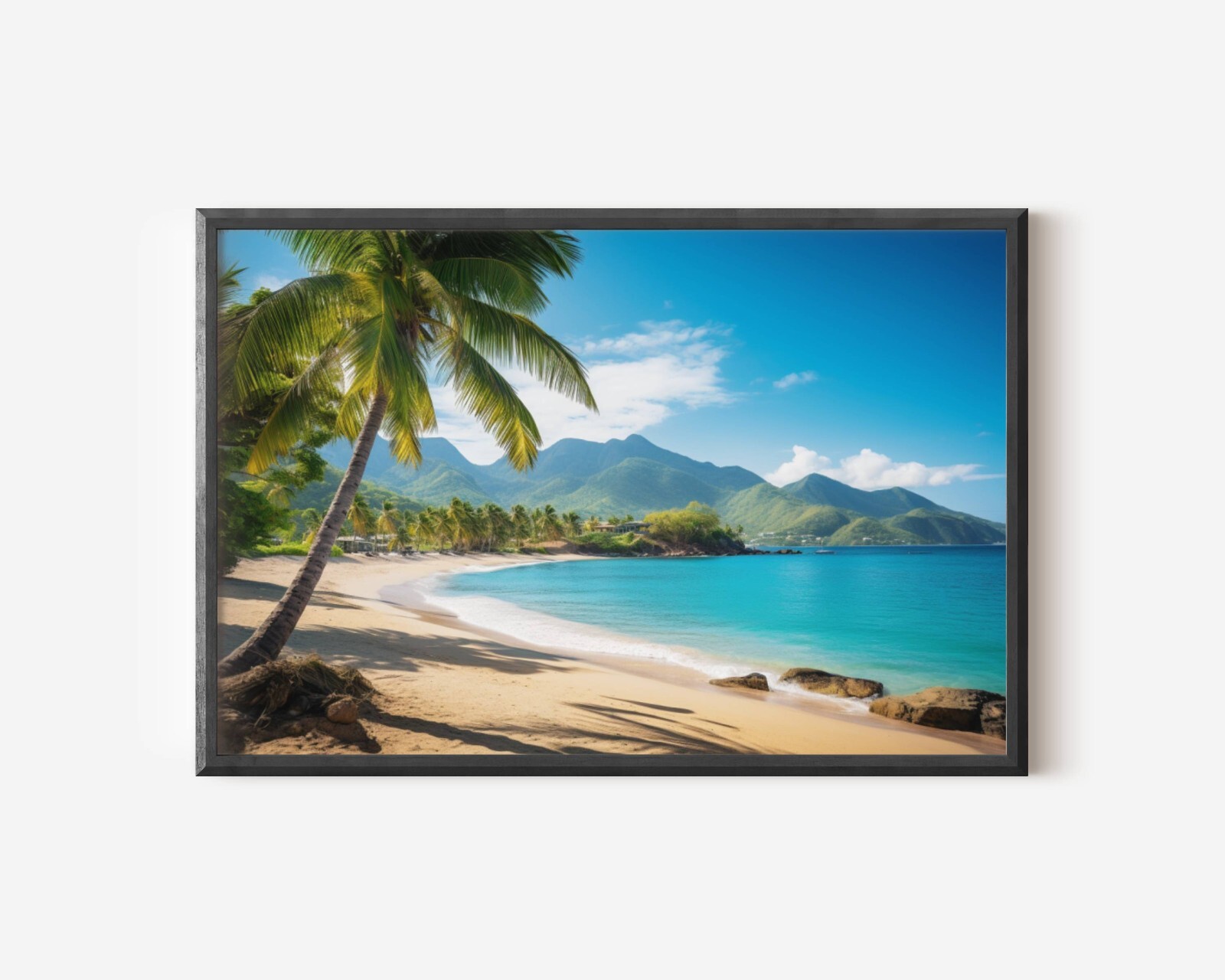 Tropical Beach Painting, Beach Paradise Art Palm Trees Mountain Landscape Island