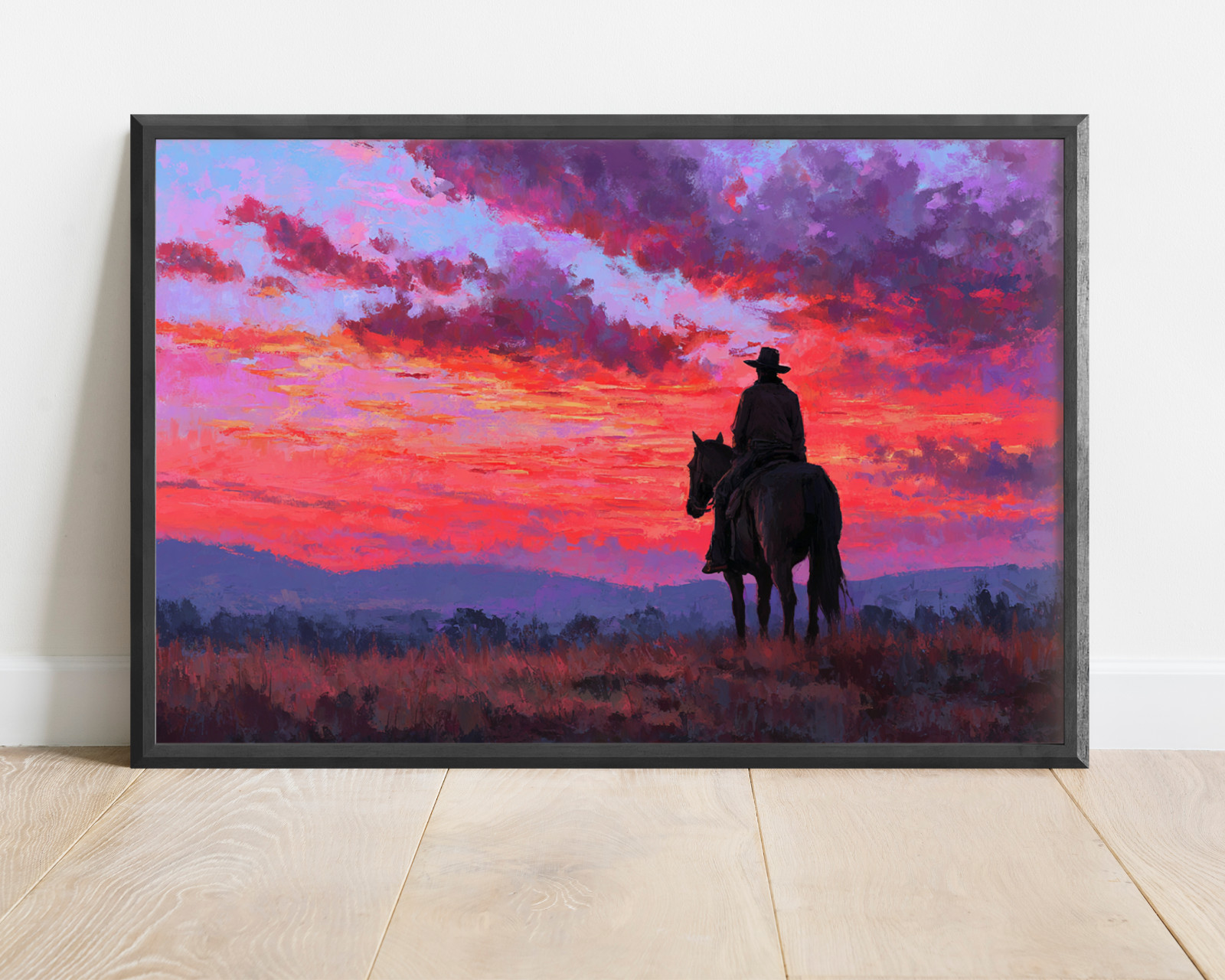 Cowboy on Horseback Sunset Art, Western Ranch Painting, Rustic Country Canvas