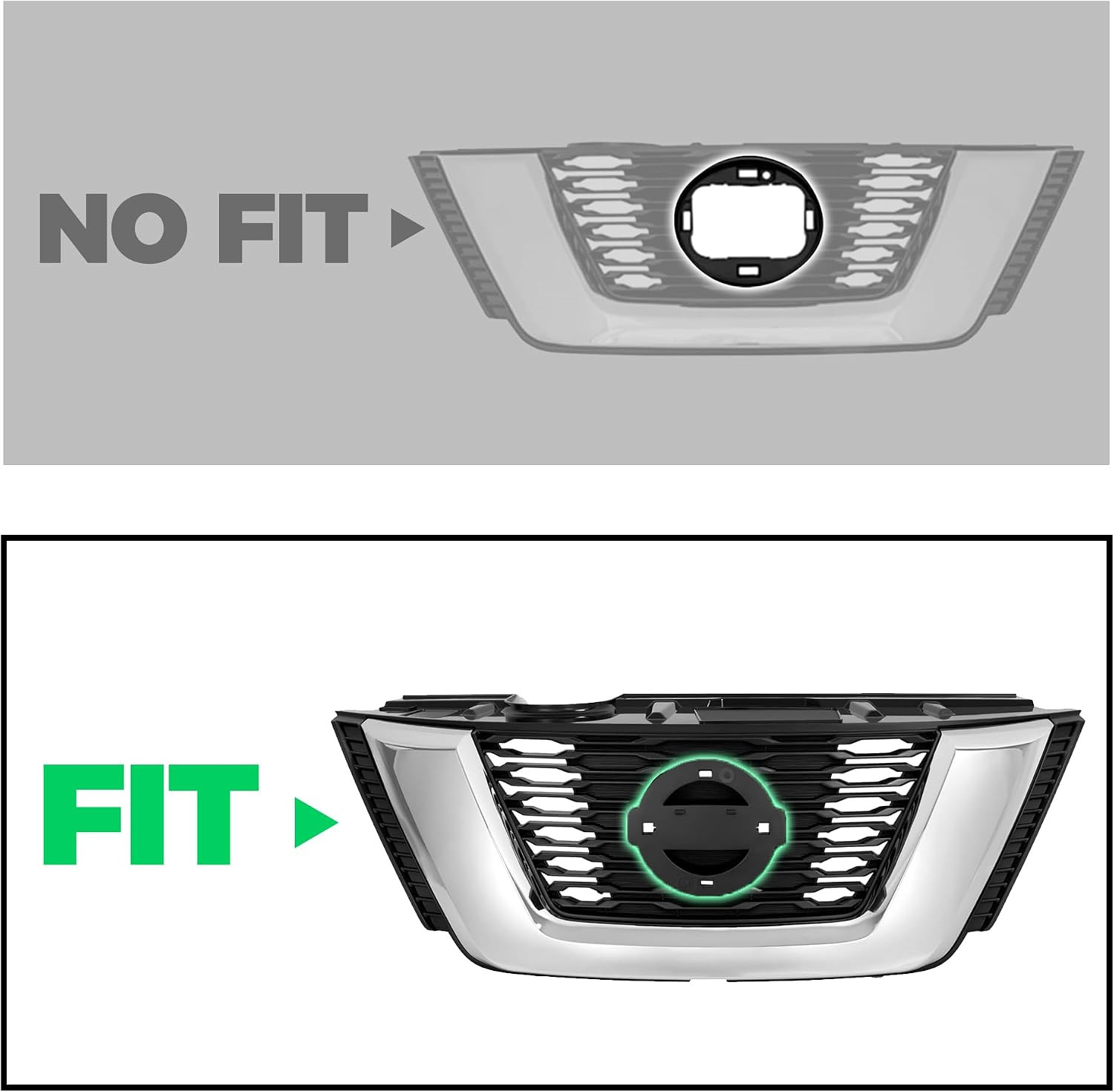 Front Upper + Lower Grille + Fog Light Kit Compatible with 2017-2020 Nissan Rogu